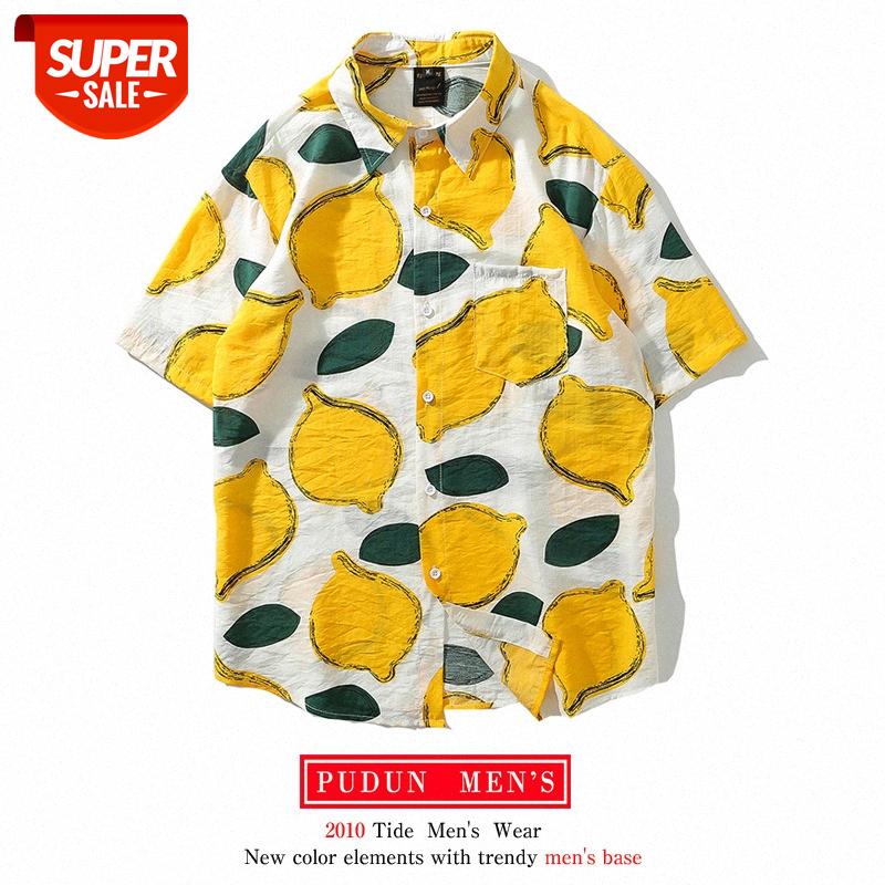 

Sky lemon pattern short-sleeved shirt men's loose and lazy port style retro Wei Yi flower couple #pN0d, White;black