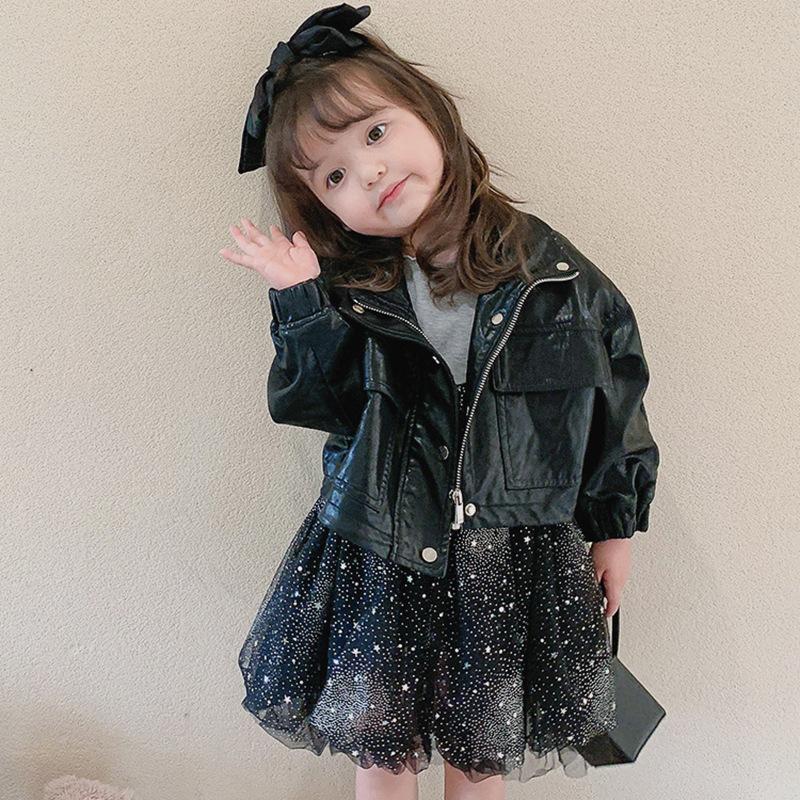 

Jackets Spring Children's Faux Leather Jacket Biker Coat Turndown Collar PU Girls Motorcycle Loose Streetwear Outerwear 2-8T, Blue;gray