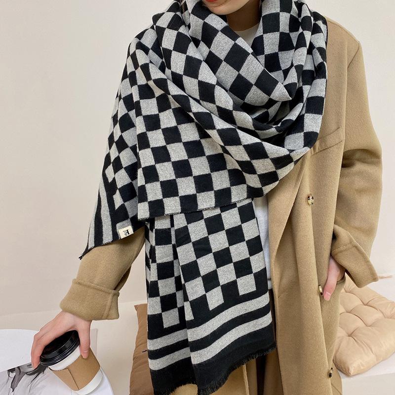 

Scarves Classic Plaid Print Winter Cashmere Scarf For Women 65x180cm Long Pashmina Foulard Couple Bufanda Large Warm Shawl Wholesale, Blue;gray