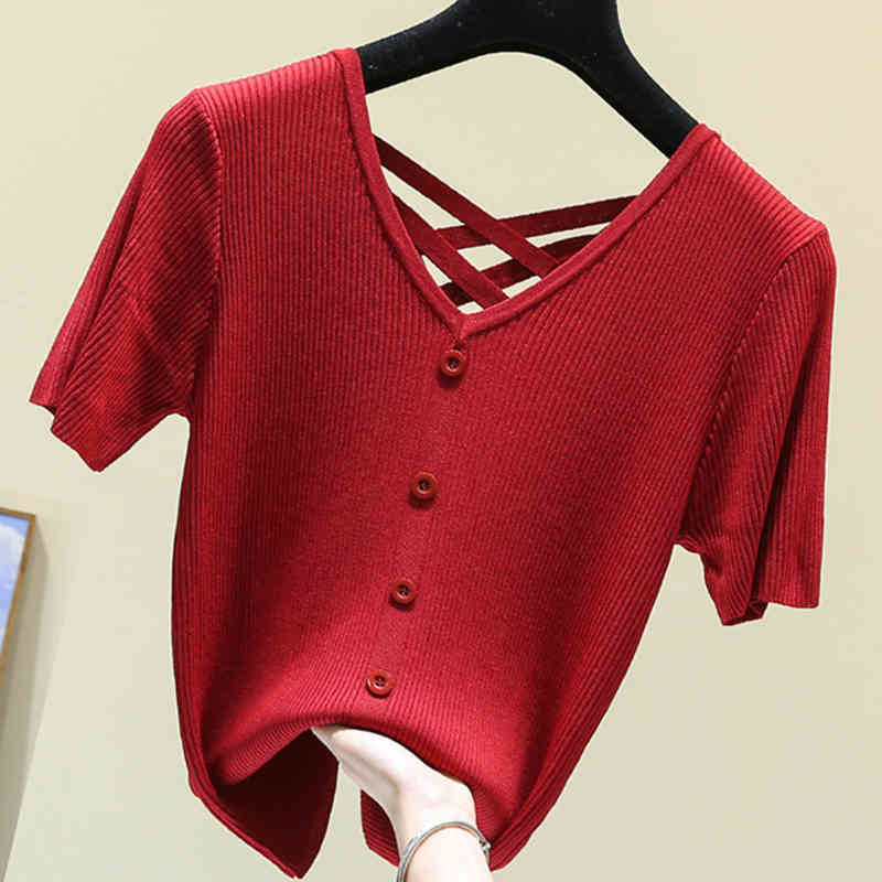 

Women's T-Shirt shintimes Woman Tshirts Summer T Shirt Women Sexy Backless Thin Short Sleeve Slim Knitted Female Clothes Haut Femm, Black