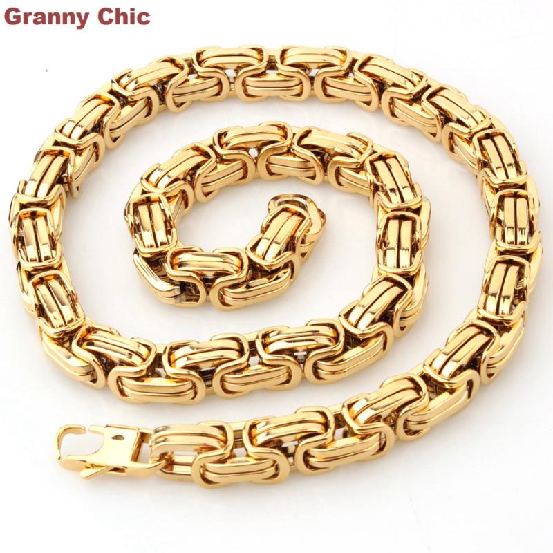 

Chains Granny Chic Design Men's Jewelry Gold Color Stainless Steel Huge Heavy Wide Byzantine King Chain Necklace 15mm7"-40", Silver