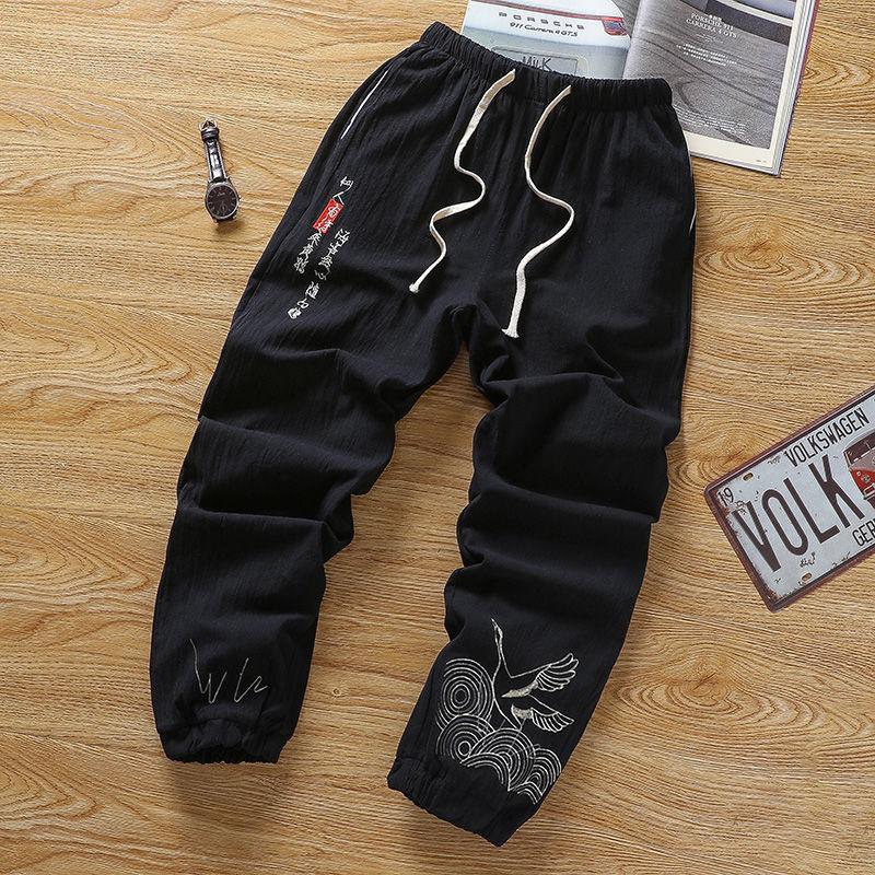 

Men's Pants Women Chinese Style Embroidered Men Joggers Sweatpants Black Casual Bloomers Trouses Cotton Summer Streetwear Harajuku Hip Hop