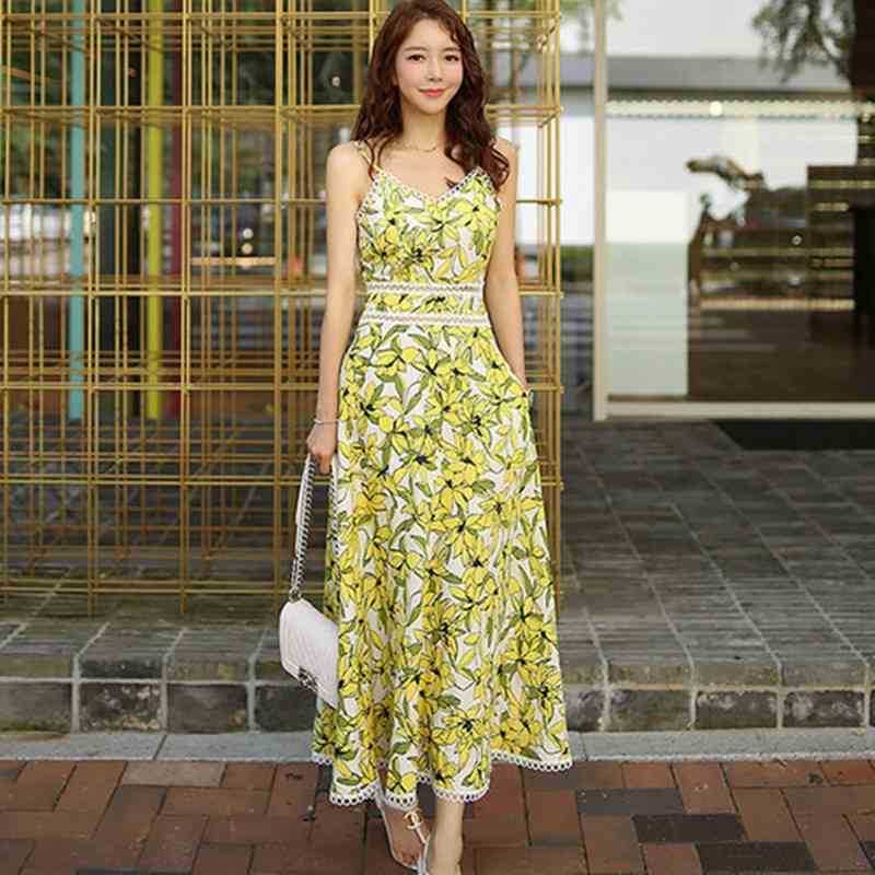 

High Quality Summer women Sexy Maxi Beach Dress Strap V-neck Floral Print Bohemian Style Long Holiday A-line 210525, Picture color