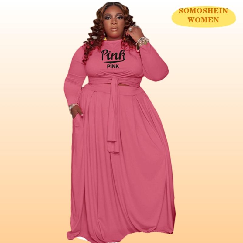 

Plus Size Tracksuits Somoshein Dress Sets 5XL Women's Clothing Bandage Crop Top Two Piece Set Maxi Skirt Casual Outfit Print Woman Clothes, Black