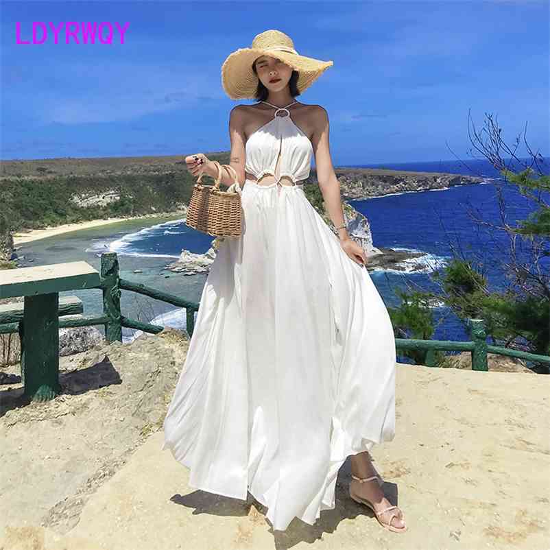 

LDYRWQY summer Korean version sexy temperament white slim sling with backless fashion dress Office Lady Polyester 210603