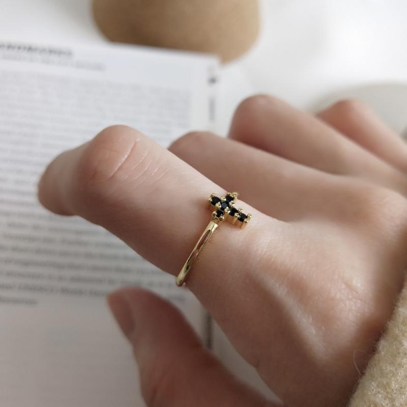 

Cluster Rings Authentic S925 Sterling Silver Fine Jewelry Golds Black Zirconia Religion Cross Open Adjust J409, Golden;silver