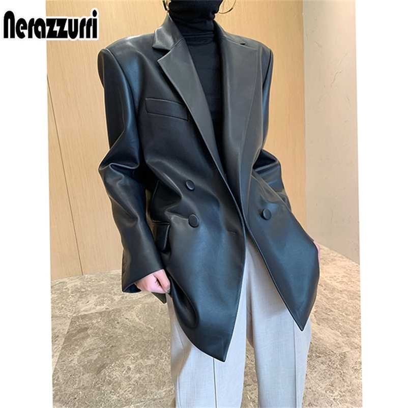 

Nerazzurri Spring fall leather jackets for women long sleeve Leather coat women Black soft light loose faux leather blazer women 211108