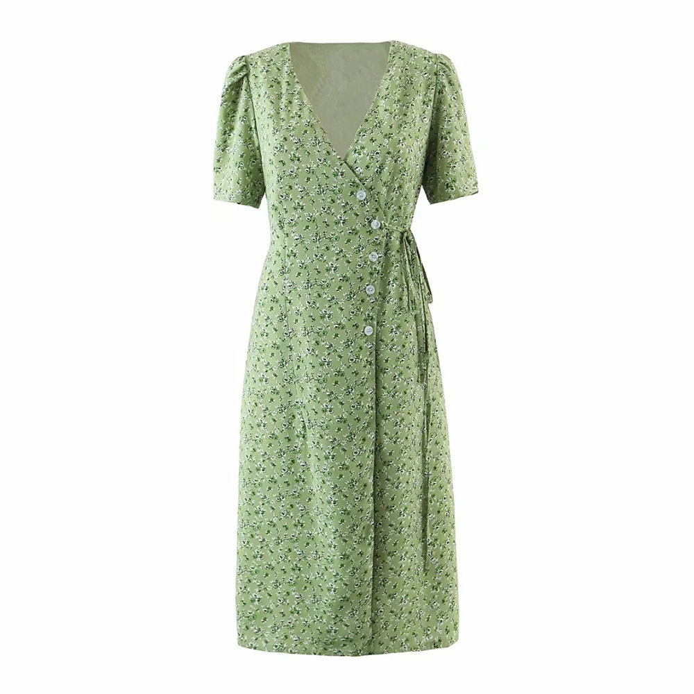 

BBWM Women V-Neck Wrap Midi Dress Summer Floral Print Side Buttons Lace-Up Waist Dresses Ladies Holiday Robe 210520, As picture
