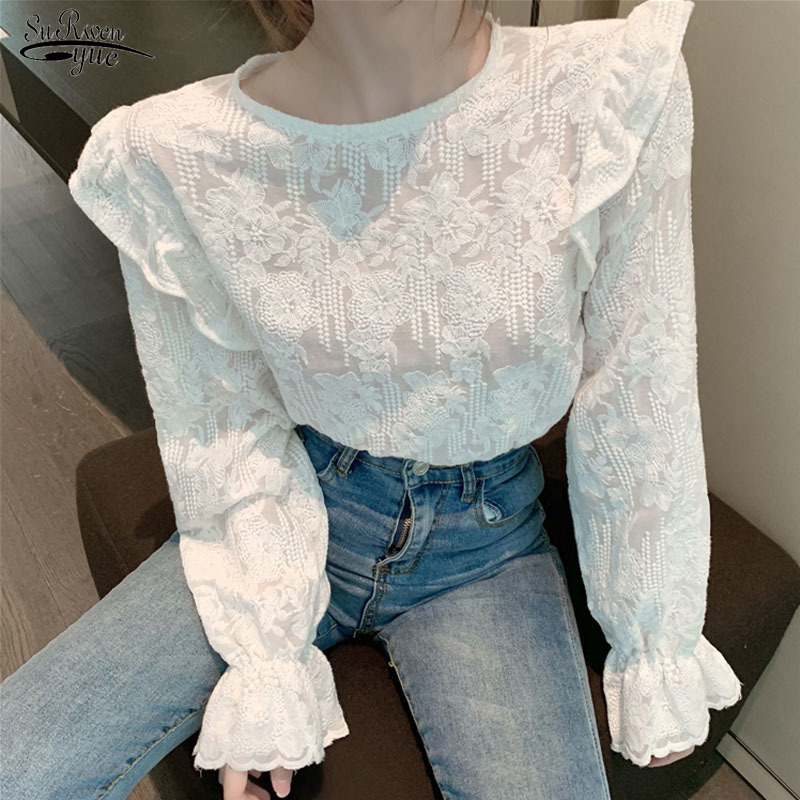 

Loose Korean Style Sweet Blouse Women Apricot Color Flare Long Sleeve Lace Embroidered Women's Shirts Fashion Tops Female 11615 210521