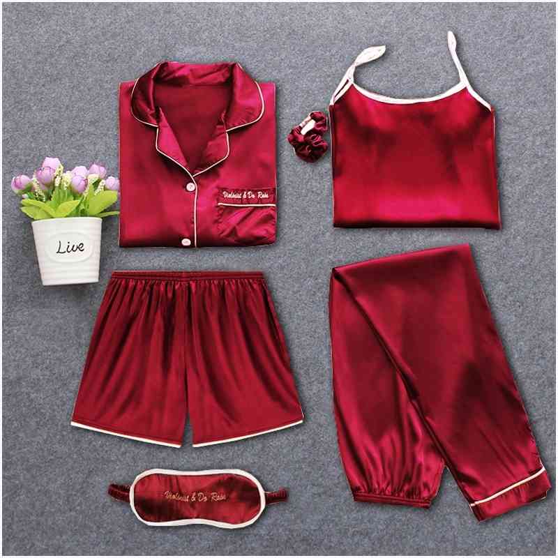 

Strap Sleepwear Pyjamas Women's 7 Pieces Pink Pajamas Sets Satin Silk Lingerie Homewear Sleepwear Pyjamas Set Pijamas For Woman T200110, 1 leaves