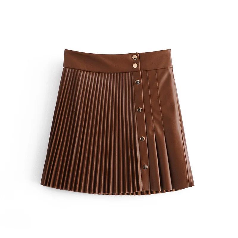 

2020 Fashion High Waist Pleated Skirts PU Leather Women's Autumn Winter Single Breasted A-line Short Lady Skirts brown black, Coffee