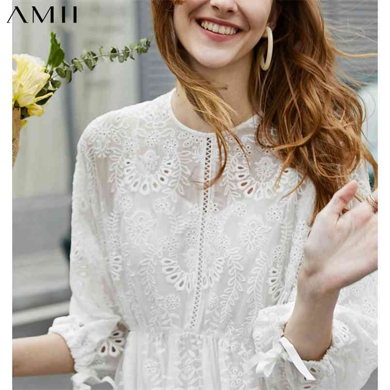 

Minimalism Summer Women' Dress Fashion Oneck Lace Embroidery Aline High Waist Calf-length Beach 11940162 210527, Beige