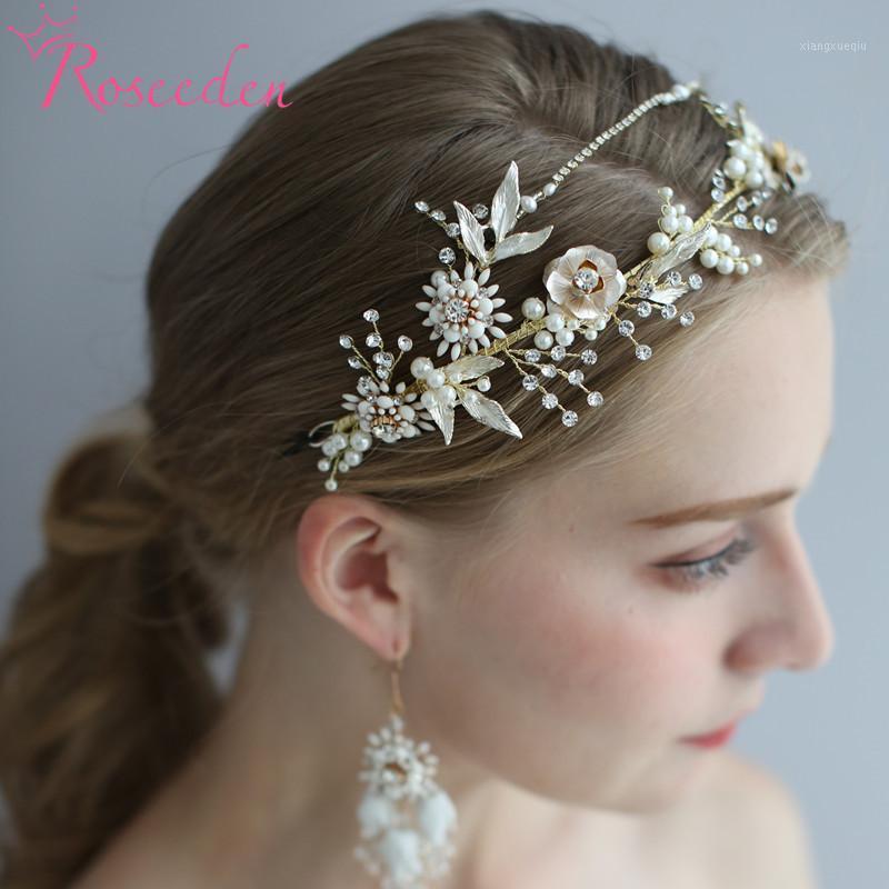 

Gold Floral Wedding Headband Bridal Tiara Leaf Headpiece Hand Hair Wired Women Bride Accessories RE3979 Clips & Barrettes, Golden;silver