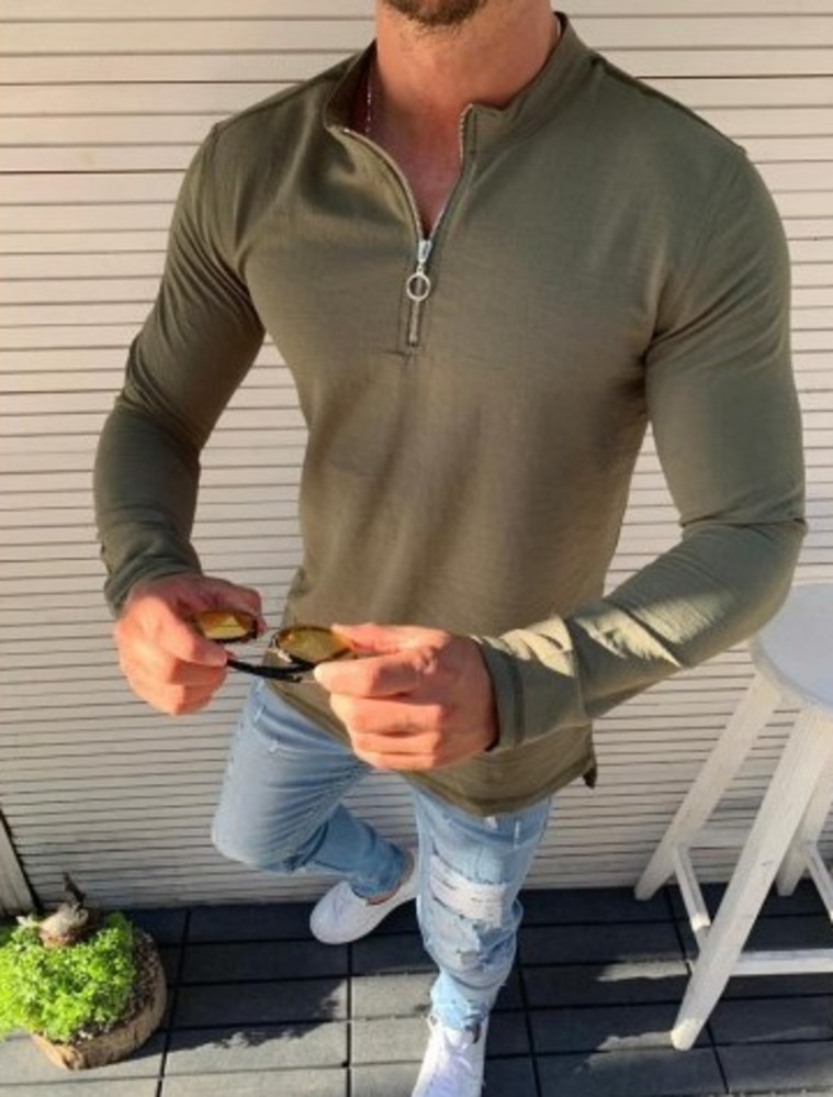 

Autumn and winter hoodies solid color front middle zipper stand collar men's T-shirt, Black