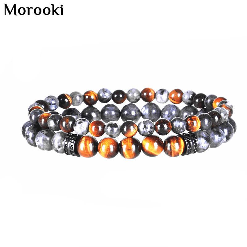 

Morooki Tiger Eye Beads Stone Bracelet Buddha Charm Bangle Mew Men Labradorite Micro Inlay Zircon 2pcs/set Bracelets, Golden;silver