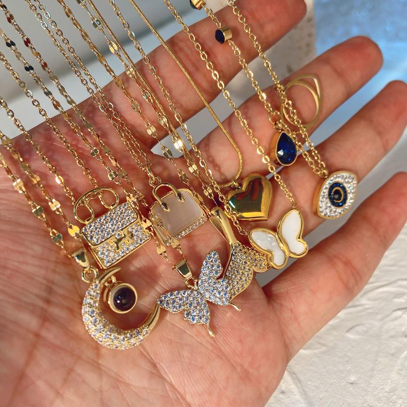

Pendant Necklaces Luxury 18K Gold Plated Jewelry Stainless Steel Chain Chocker Gemstone Bag Heart Eyes Zircon Necklace For Women