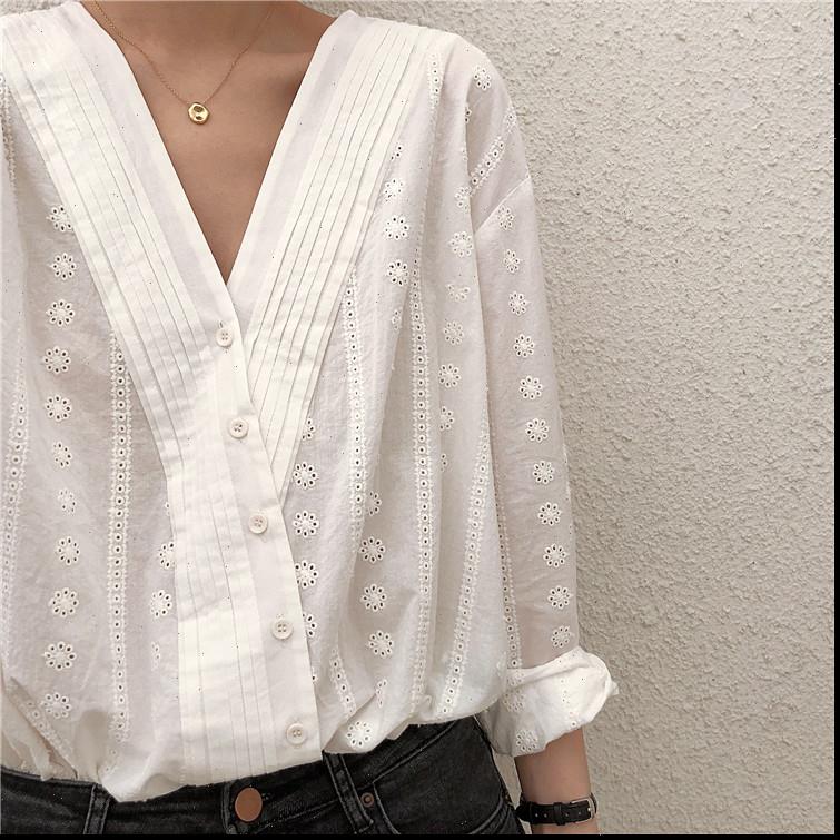 

Sweet Womens Shirts crochet hollow out lace embroidery v neck Oblique placket shirt chic blouse female Drop, White