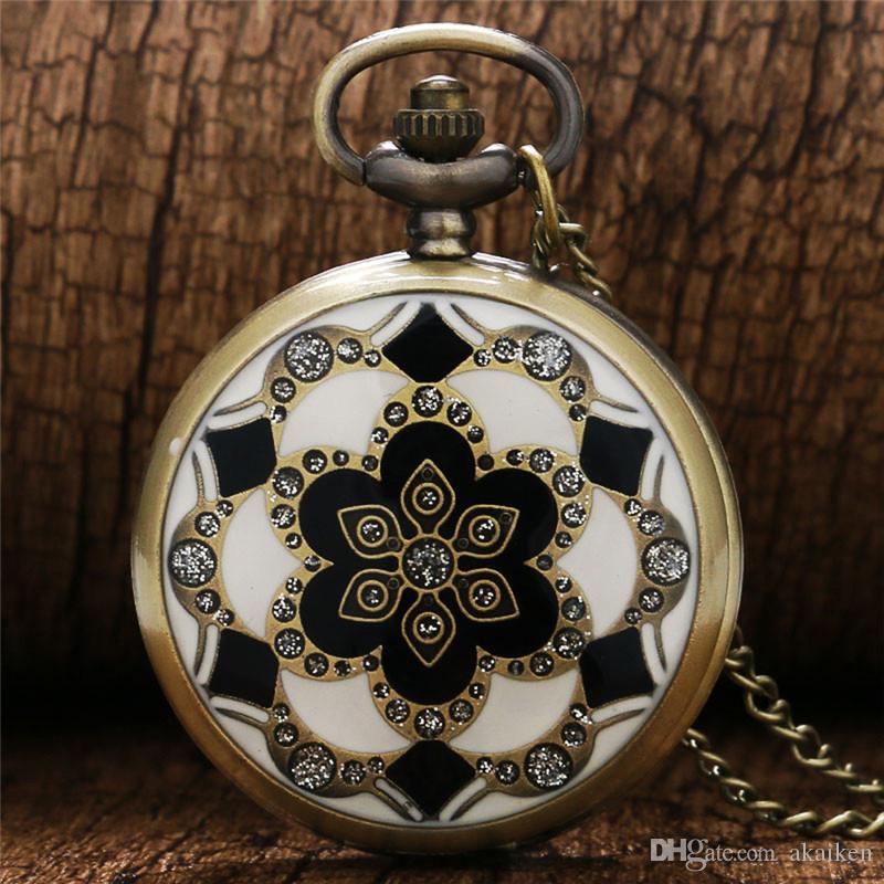 

Vintage Bronze Copper White Jade Flower Crystal Quartz Pocket Watch Women Watches Necklace Chain Birthday Gifts Lovely Clock, Slivery;golden