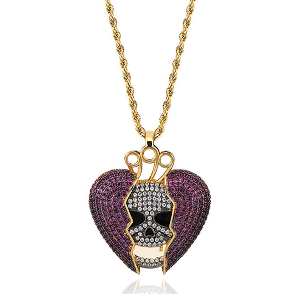 

14K Iced Out Skull Skeleton Purple Heart Juice Wrld Pendant Necklace Micro Pave Cubic Zircon Hiphop Fashion Jewelry