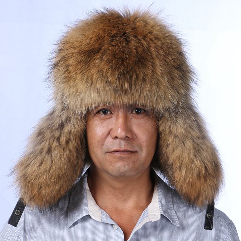 

men real silver fox fur bomber hat father winter snow cap genuine leather trapper man hat with earflaps cap earmuffs male, Black fox
