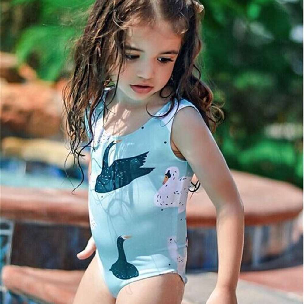 

Girls' summer children's Korean lovely pure Swan print one piece swimsuit, Blue
