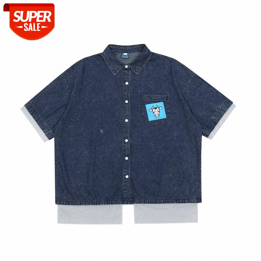 

Patch pocket denim short-sleeved shirt men stitching fake two loose lapel five-point sleeve T-shirt #Og4v, White;black