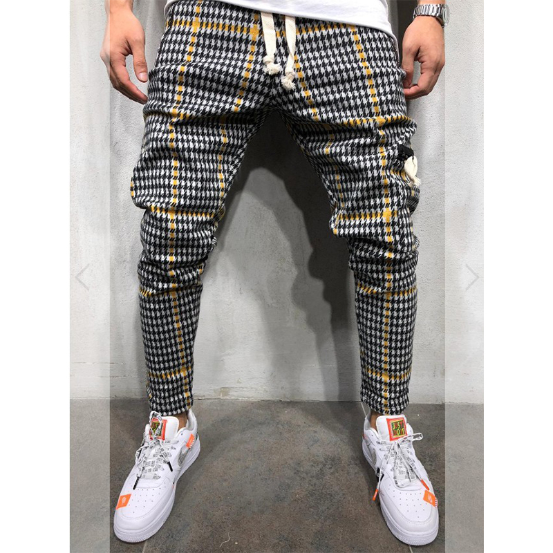

Men's Jogging Pants Trendy Personalized Plaid Printed Slim Casual Sports, Black