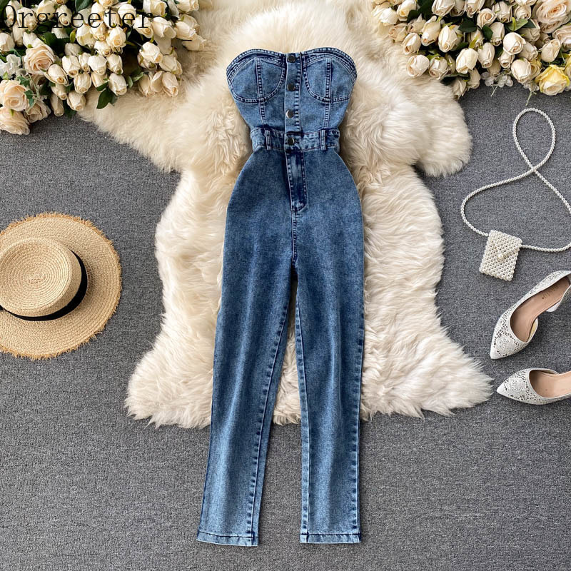 

High Street Skinny Sexy Off-shoulder Tube top Waist Denim Jumpsuits for Women Button Strapless Bodycon Pencil Jeans 210525, Blue