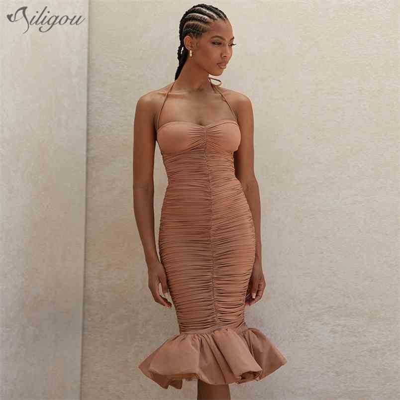 

Women'S Fashion Off-Shoulder Pleated Ruffled Midi Skirt Backless Sexy Celebrity Party Dress 210525, Brown