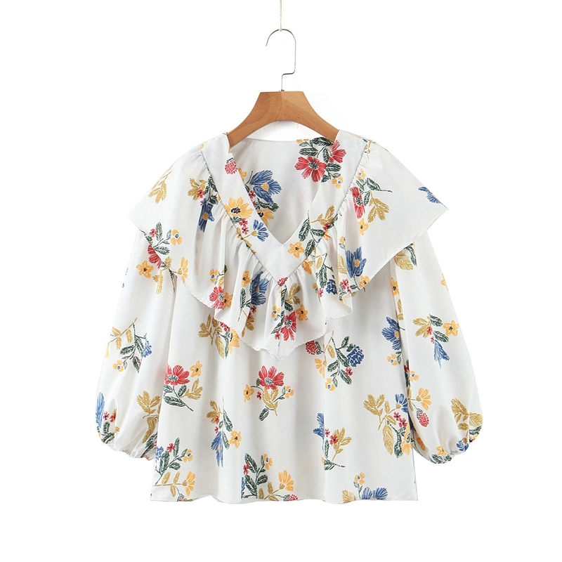 

Summer Women Floral Printed Blouse Puff Sleeve V neck Pullover Shirt Preppy Style Sweet Tops XZ2358 210525, Beige
