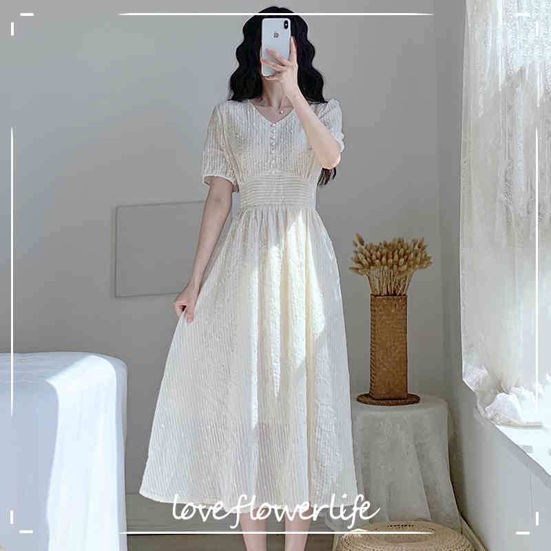 

Elegant Sweet Dress Button V-neck High Waist Dress Korean Evening Party Midi Dress Female Women Dresses Summer 210521, As picture