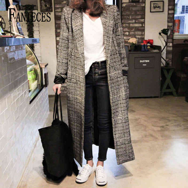 

Ins fashion Winter Autumn Women gray Office Lady Long Houndstooth Coats Loose Oversized Wool Blend Casual Warm overCoat 210520