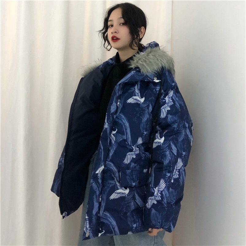 

Warm Harajuku Jackets Winter Womens Wadded Parkas Vintage Crane Print Loose Japanese Hooded Coat Chaqueta Mujer 210519, Black with blue