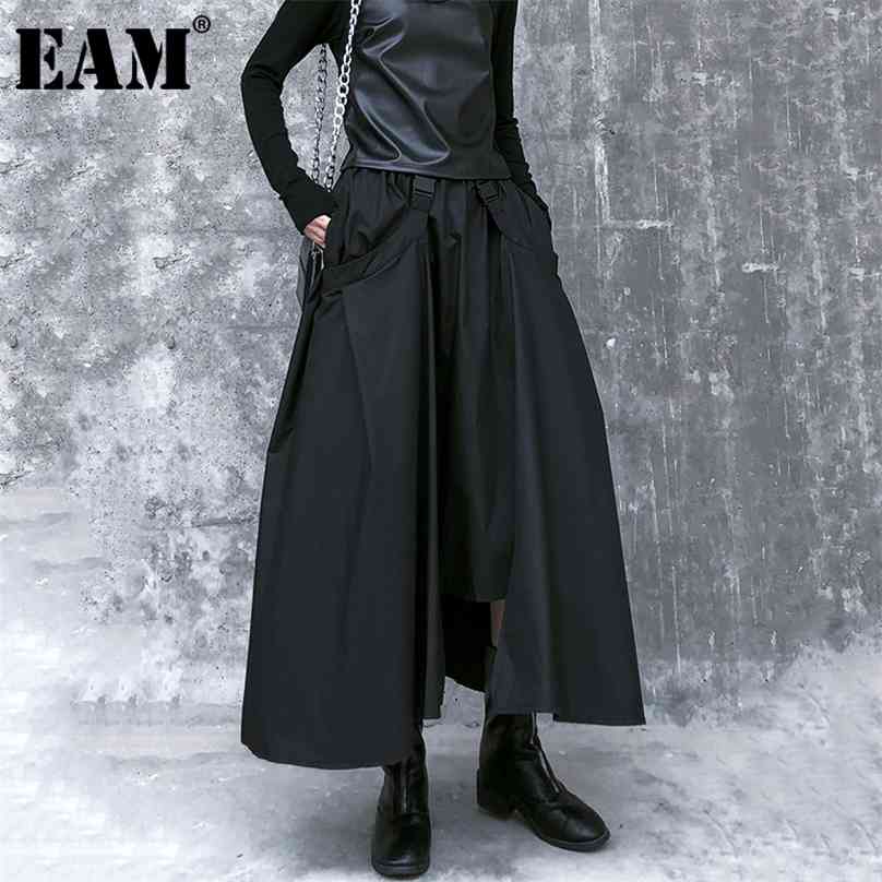 

[EAM] High Elastic Waist Black Buckle Split Joint IrregularHalf-body Skirt Women Fashion Spring Autumn 1DA108 210629