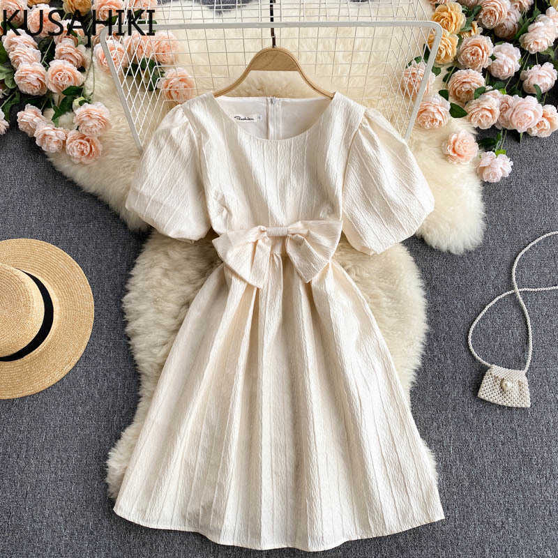 

Sweet Bowknot Dresses Causal Puff Sleeve O-neck Vestidos Femme High Waist A-line Korean 6H035 210603, Black