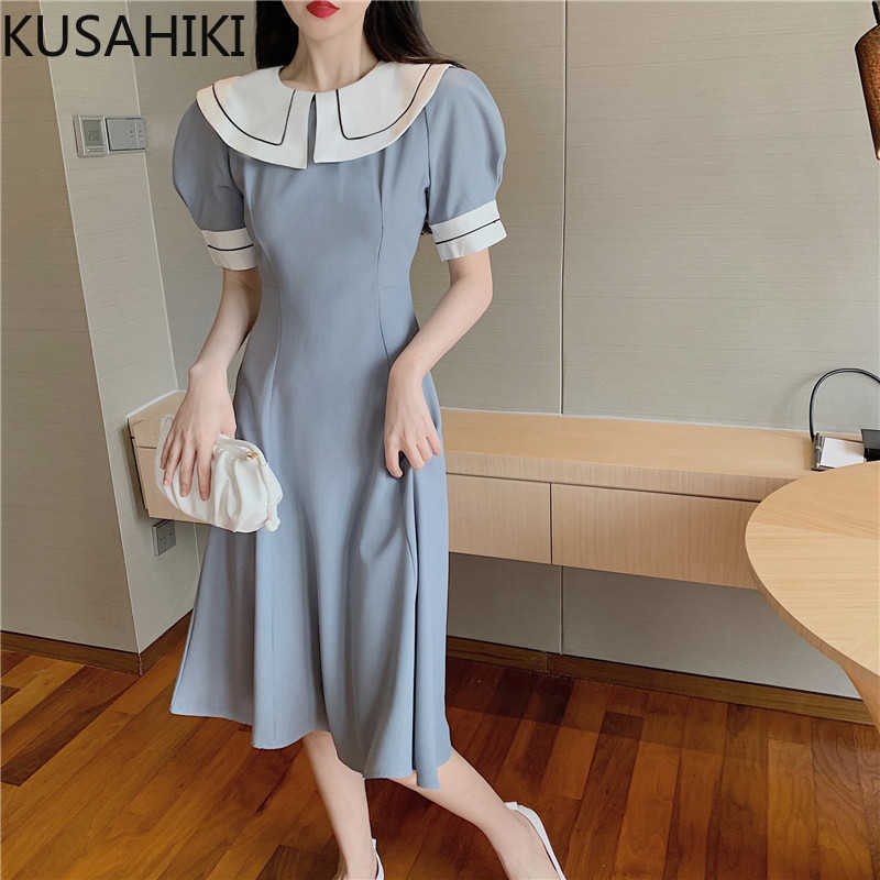 

KUSAHIKI Sweet Peter Pan Collar Women Dress Korean Puff Short Sleeve Vestido Spring Summer Slim Waist A-line Dresses 6F297 210602, Blue