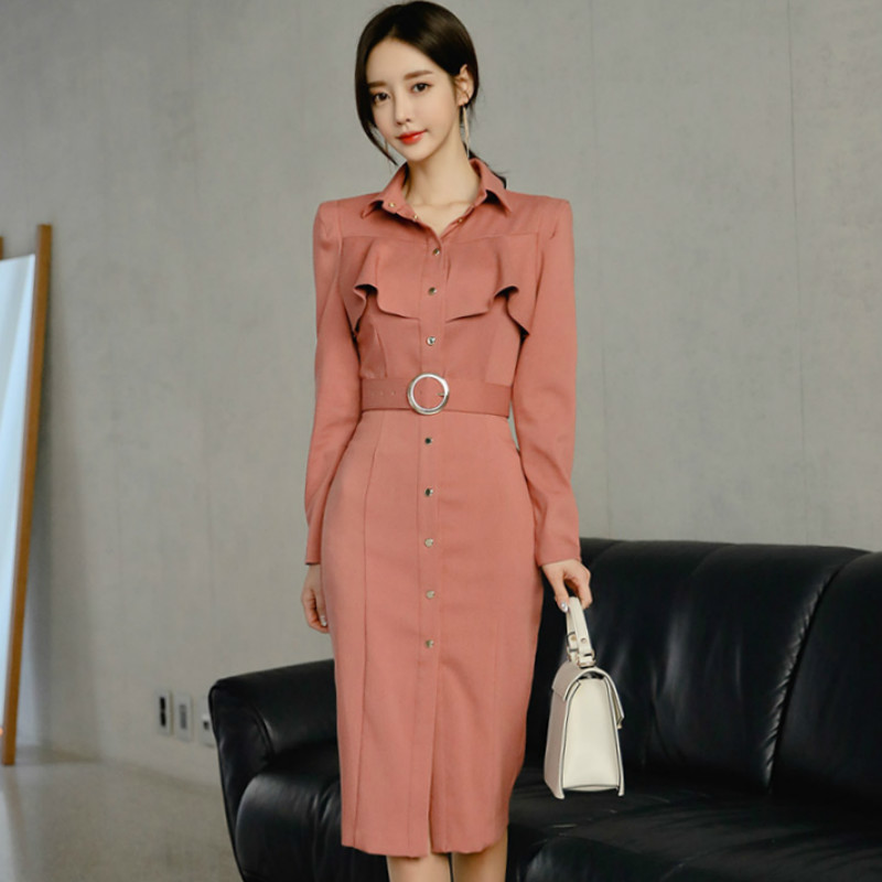 

Spring New Shirt Dress Women's Midi Bodycon Solid Single Breasted Sashes Long-Sleeved Pencil Office Cloth Work Female Vestidos, Black;gray