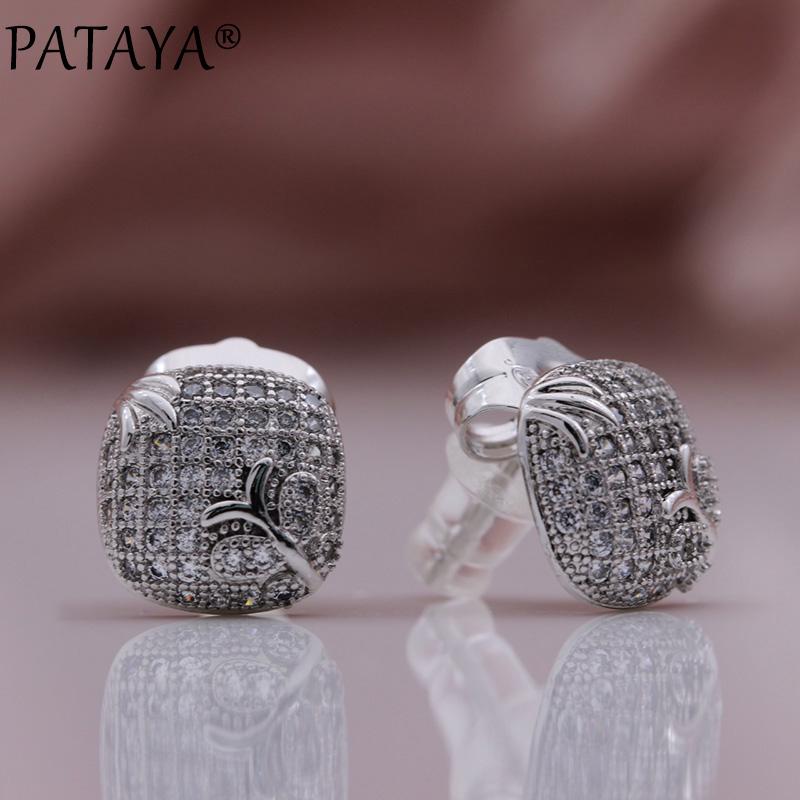 

Stud PATAYA Micro Wax Inlay Natural Zircon Earrings White Gold Square Women Unusual Cute Love Fine Fashion Jewelry, Golden;silver