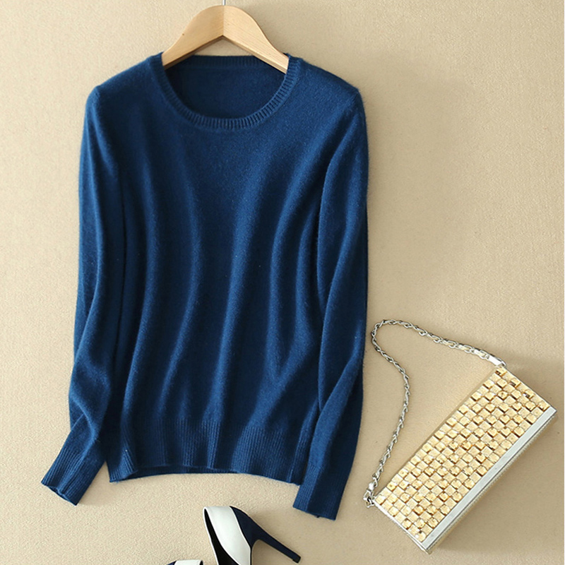 

Thoshine Brand Spring Autumn Style Women Knitted Cashmere Sweaters Round Neck Solid Color Knitwear Female Thin Pullovers Jumpers, Light blue