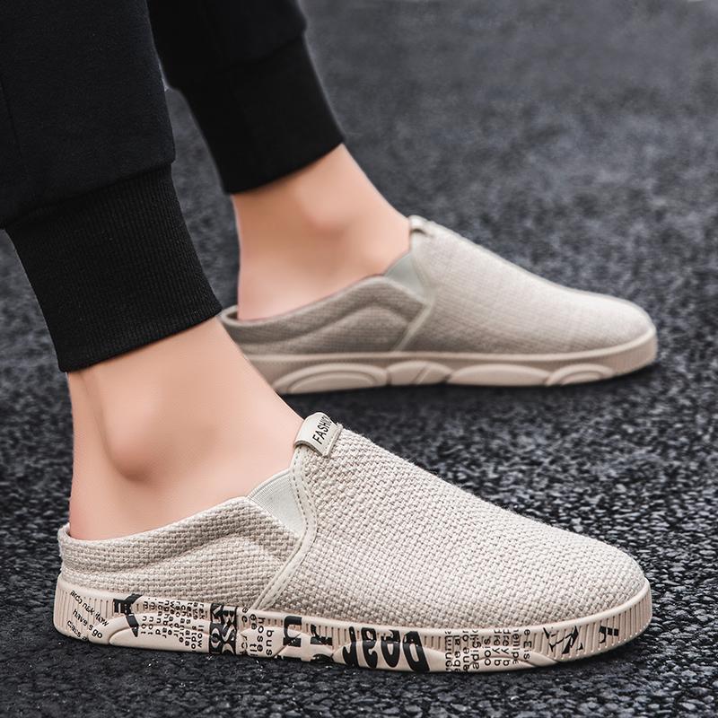 

Slippers Half Men's Breathable Linen Casual Shoes Spring And Summer Trend Walking Outdoor Fashion Lazy Canvas Sneakers, Beige