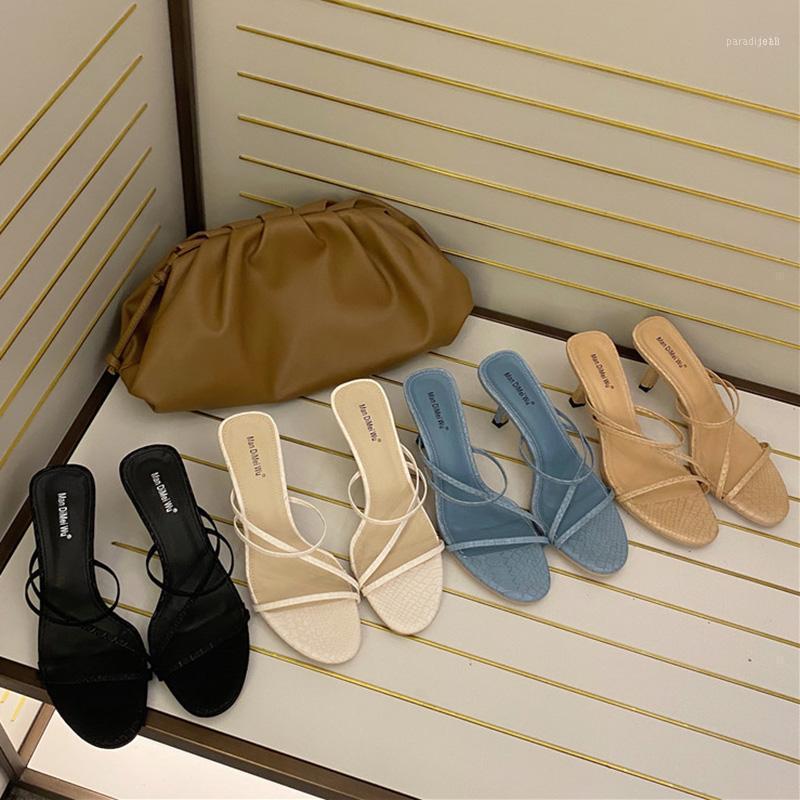 

Summer Elegant Women 5cm Thin High Heels Slides Designer Open Toe Slippers White Blue Stiletto Prom Shoes1, Black