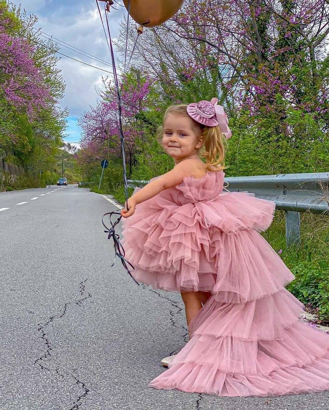 

Pink Tiered Tulle Flower Girl Dress Soft Puffy Hi-Lo Custom Made Birthday Gowns Strapless Summer Pageant First Communion Dresses, Purple