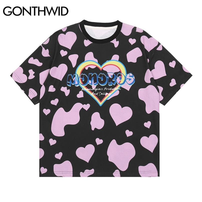 

Tshirts Streetwear Hip Heart Cow Pattern Print Tees Shirts Mens Harajuku Fashion Casual Loose Summer T-Shirts Tops 210602, Purple