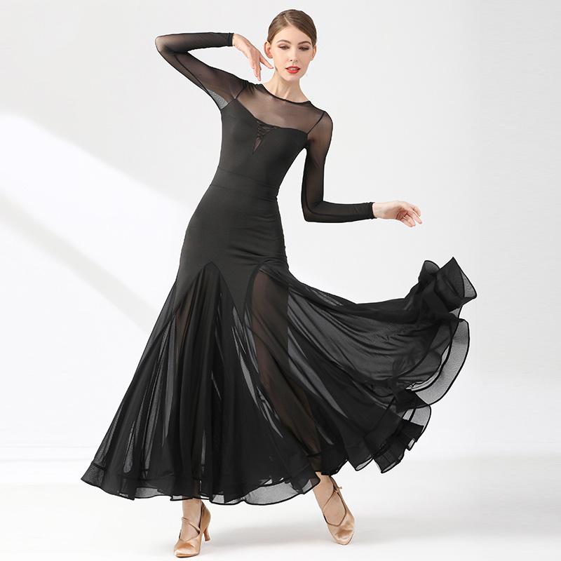 

Stage Wear Modern Dance Dress Long Sleeve Ballroom Costume National Standard Waltz Performance Clothing For Women, Black