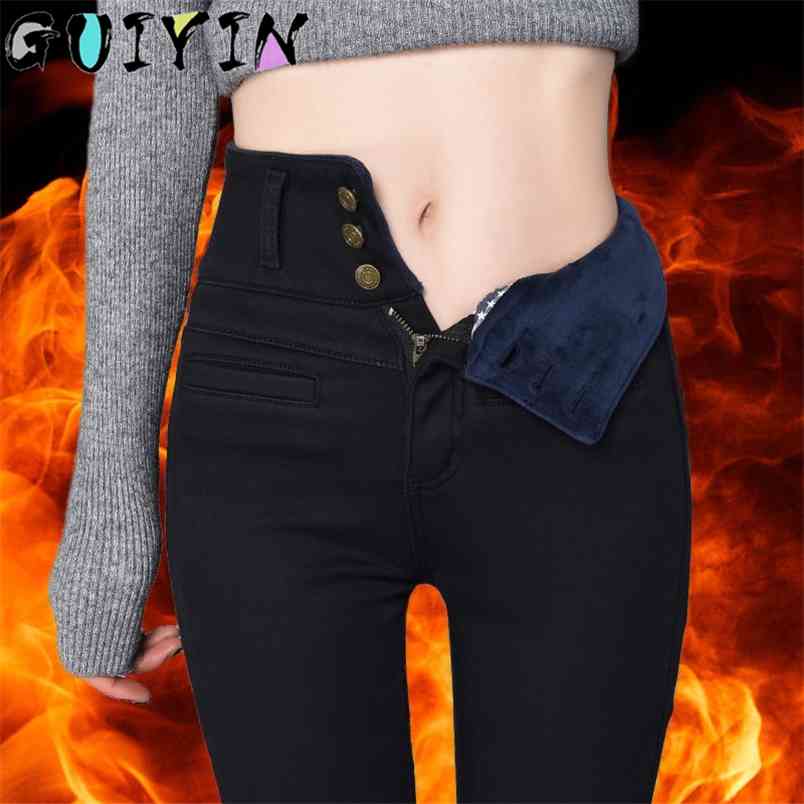 

High Waist Streetwear Thickening Skinny Denim Pants Women Plus Size Warm Stretch Pencil Jeans Mom's Slim Velvet 210708, Black