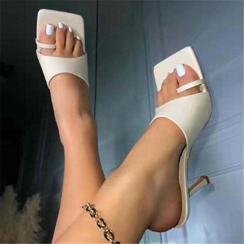 

Dress Shoes 2021 Women's High Heel Fashion Set Toe Square Head Casual Slippers Summer PU Leather Office Heels, Beige