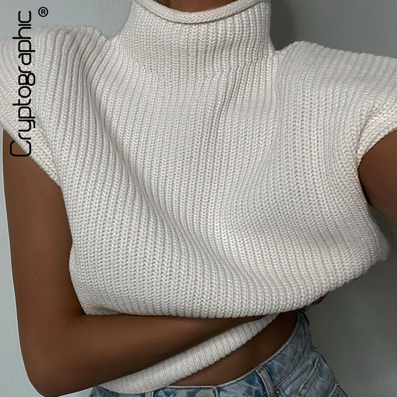 

Cryptographic Fall Winter Chic Fashion Knitted Turtleneck Sleeveles Womens Sweaters Pullover Tops Loose Females Sweaters Casual, Black