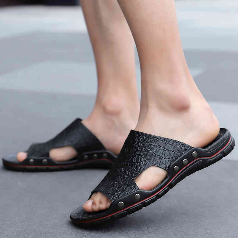

slippers men's men shoes outdoor flip flops soft sandals stripes casual summer male fashion leather chaussures femme slippers iyhf, Black