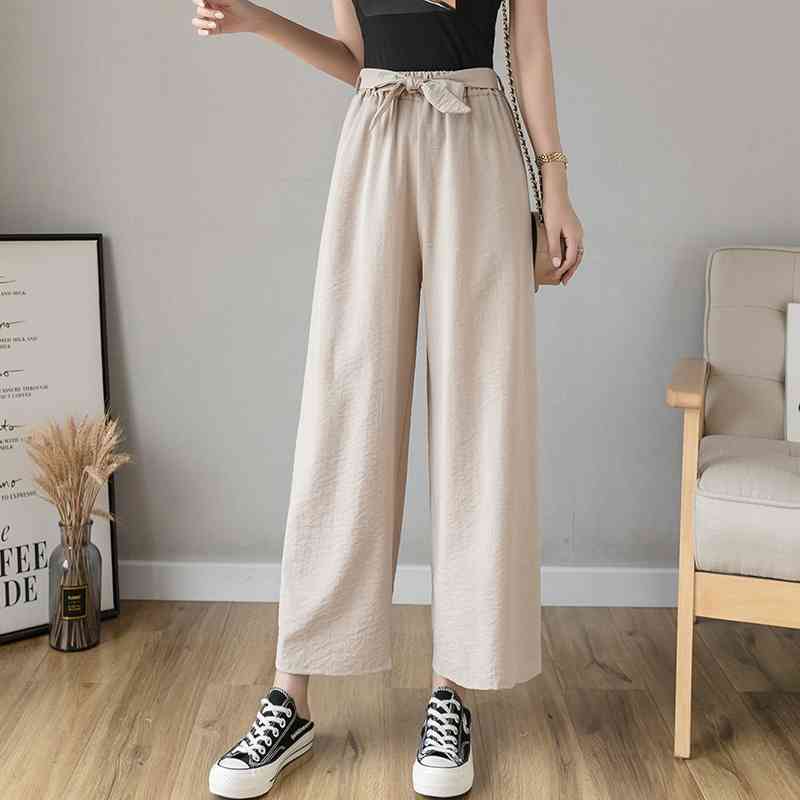 

Plus Size Summer Cotton and Linen Women' Pants High Waist Bow Lace Up Wide Leg Vintage Female Trouses Pockets 210603, Apricot