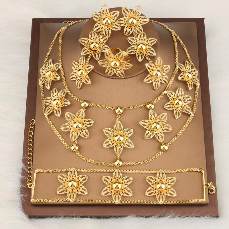 

Earrings & Necklace Exaggerate Gold Jewelry Set For Women Unusual Flower Dangle Buckle Bracelet Rings Dubai Wedding Bridal Sets, Silver